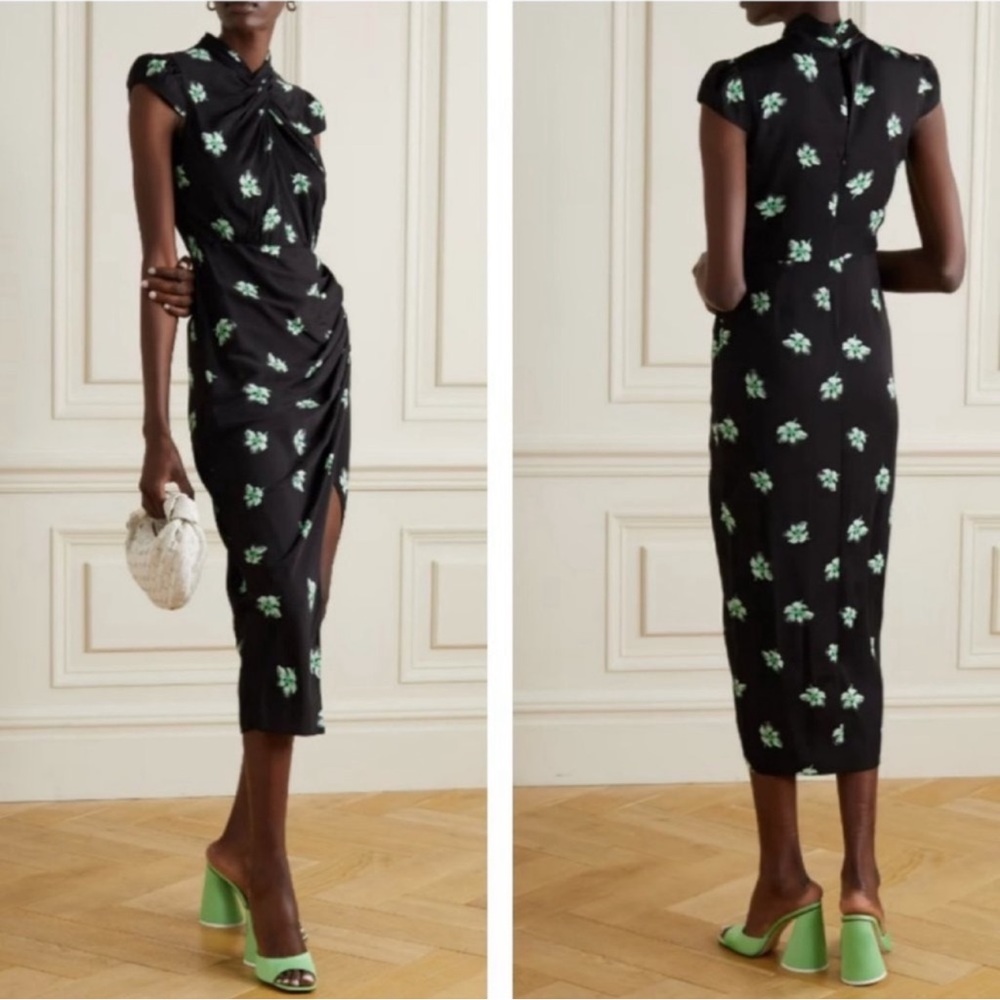 Self-Portrait Black Midi Dress with Mint Floral Print